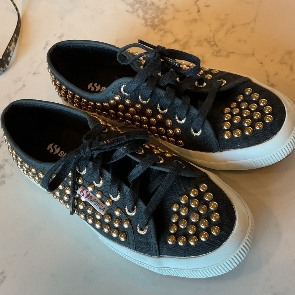 Superga Black Sneakers with Gold Studs